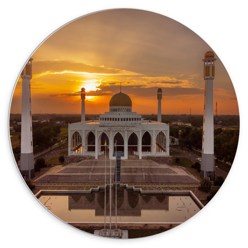Dibond Muurcirkel - Central Mosque of Songkhla Province in Thailand tijdens Zonsondergang