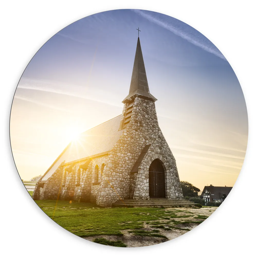 Dibond Muurcirkel - Klein Stenen Kasteel met Felle Zon in Etretat, Frankrijk