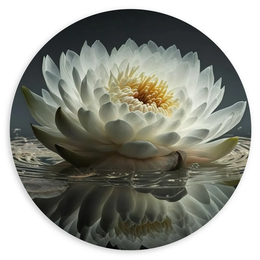 Dibond Muurcirkel - Witte Waterlelie Drijvend op Water met Veel Bladeren en Donkere Achtergrond - Bloemen
