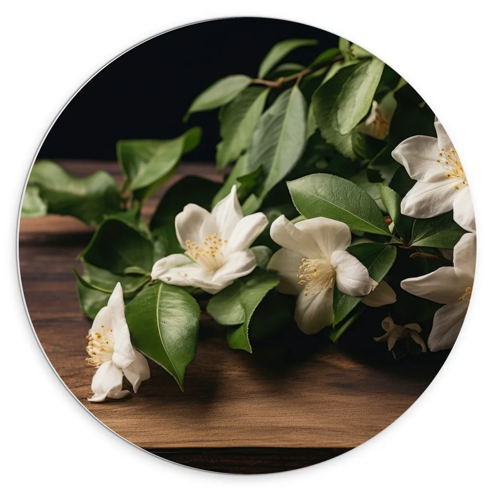 Dibond Muurcirkel - Bloemen - Hout - Wit - Groen