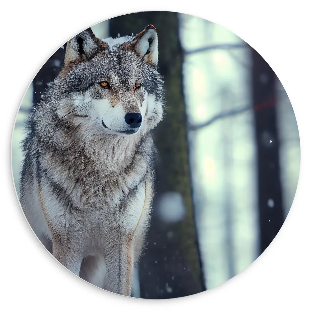 Dibond Muurcirkel - Wolf staat in een bos in de sneeuw