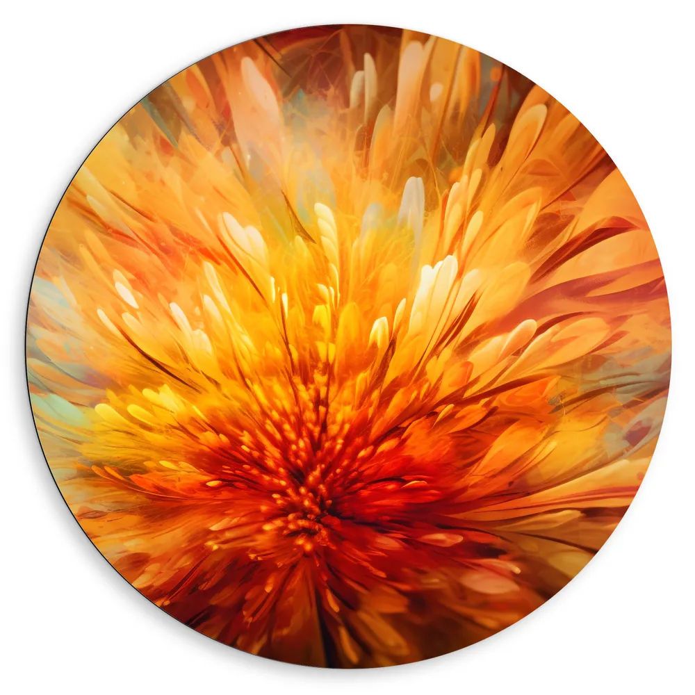 Dibond Muurcirkel - Kunstwerk van Oranje Met Rode Grote Bloem