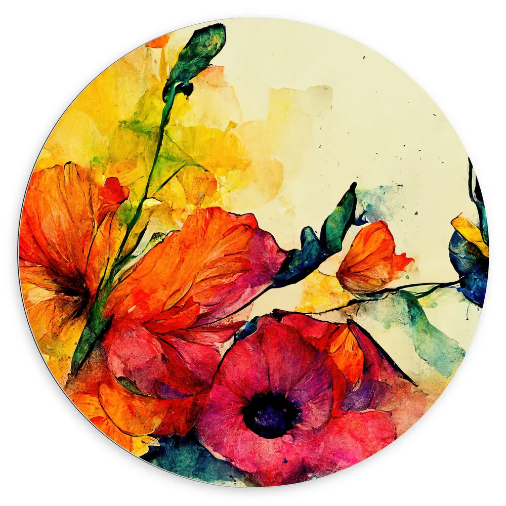 Dibond Muurcirkel - Abstracte Bloemen in Verschillende Kleuren van Waterverf