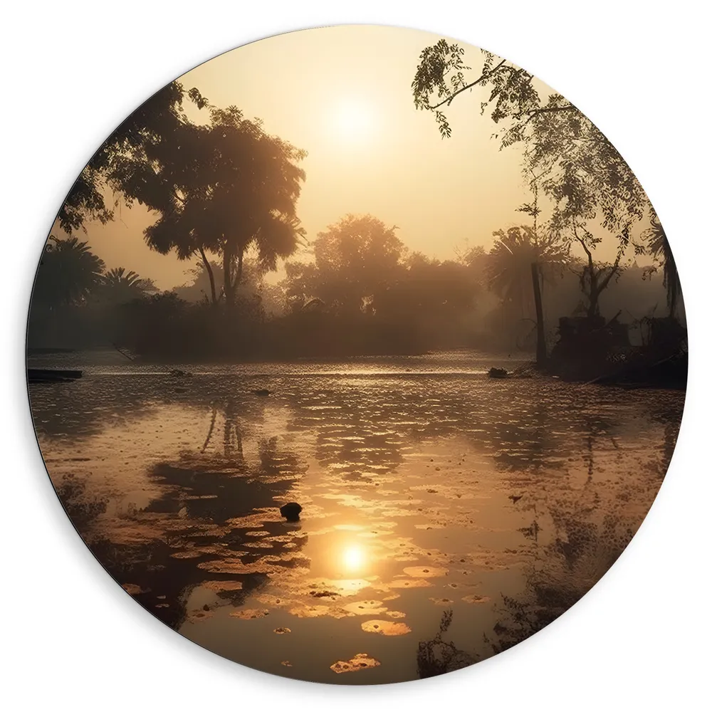 Dibond Muurcirkel - Mistige Zonsopkomst aan het Water