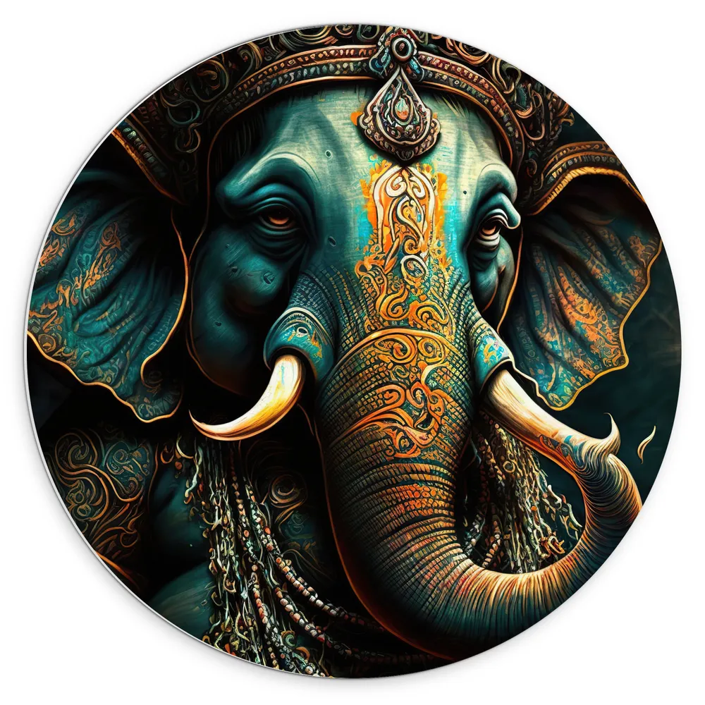 Dibond Muurcirkel - Blauw Ganesha Beeld met Gouden Details