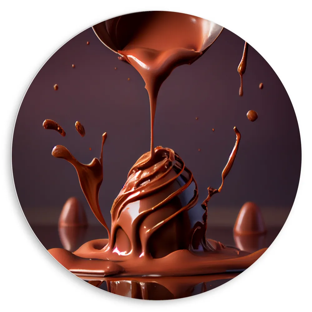 Dibond Muurcirkel - Chocolade Eieren met Vloeibare Chocolade Erover heen