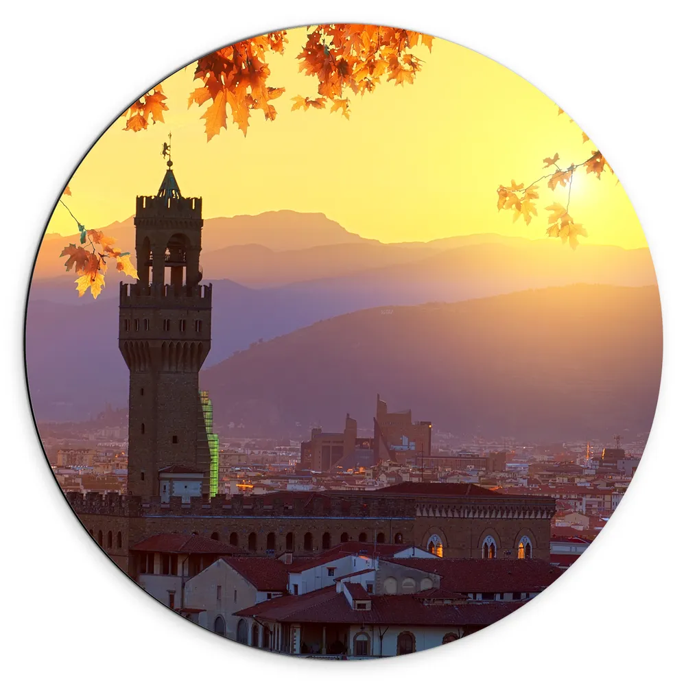 Dibond Muurcirkel - Stad - Gebouwen - Herfst - Zonsondergang - Bergen