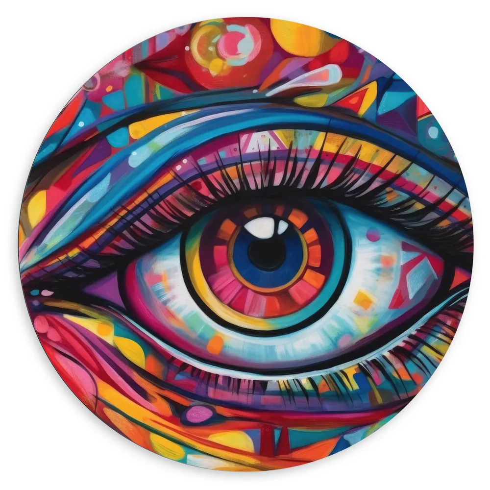 Dibond Muurcirkel - Oranje Oog van Gezicht Vol Kleurrijk Schilderij