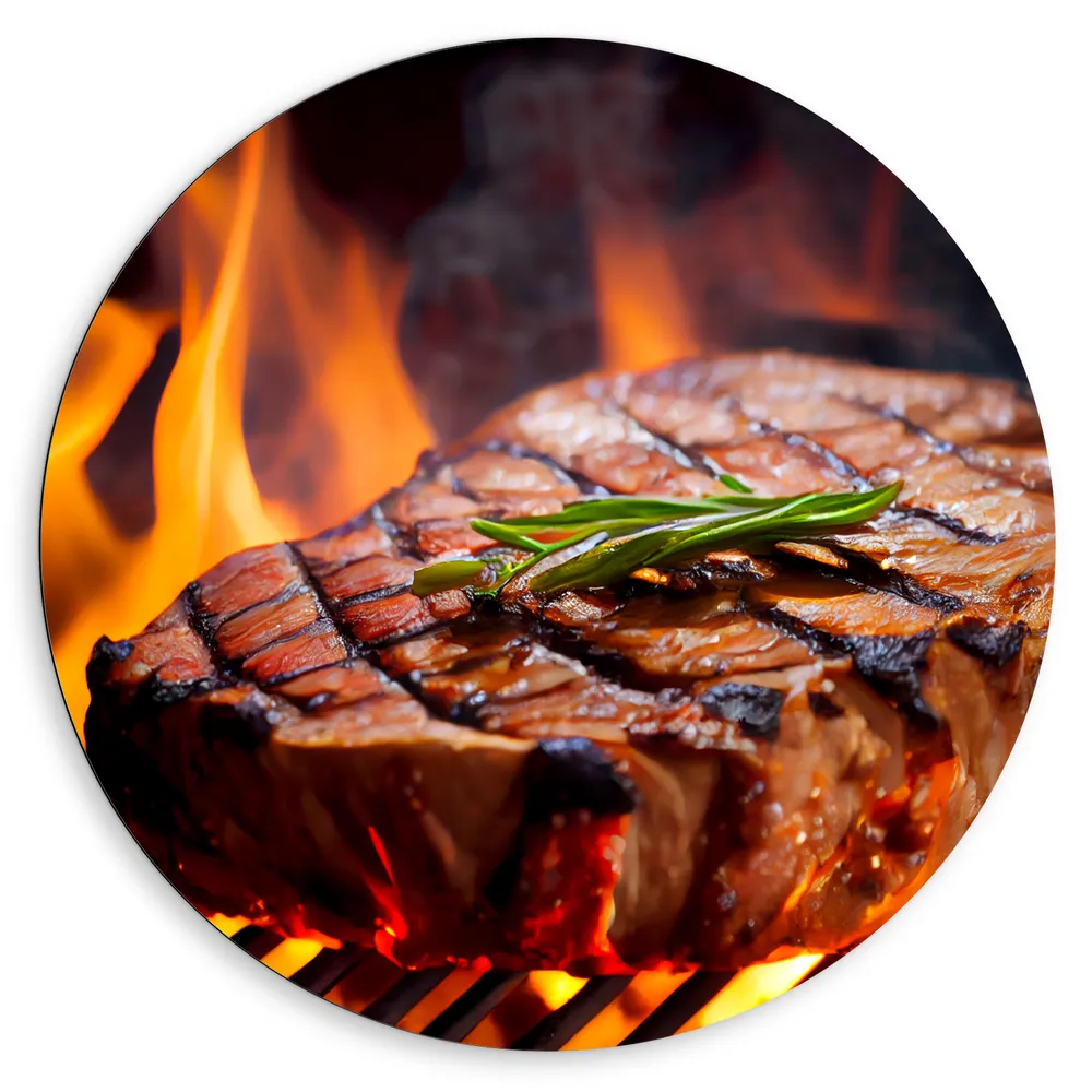 Dibond Muurcirkel - Brandende Steak op Barbecue