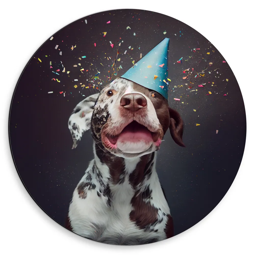 Dibond Muurcirkel - Jarige Bruin met Witte Puppy met Feesthoed en Confetti