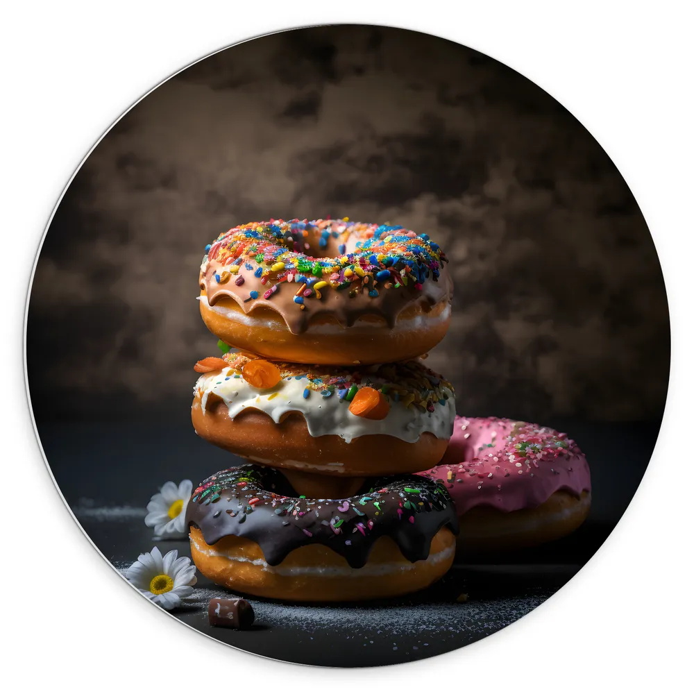 Dibond Muurcirkel - Opgestapelde Donuts in Verschillende Smaken