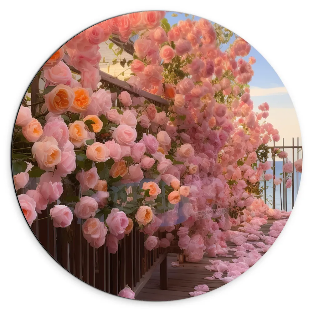 Dibond Muurcirkel - Bloemen - Bladeren - Rozen - Hek - Roze