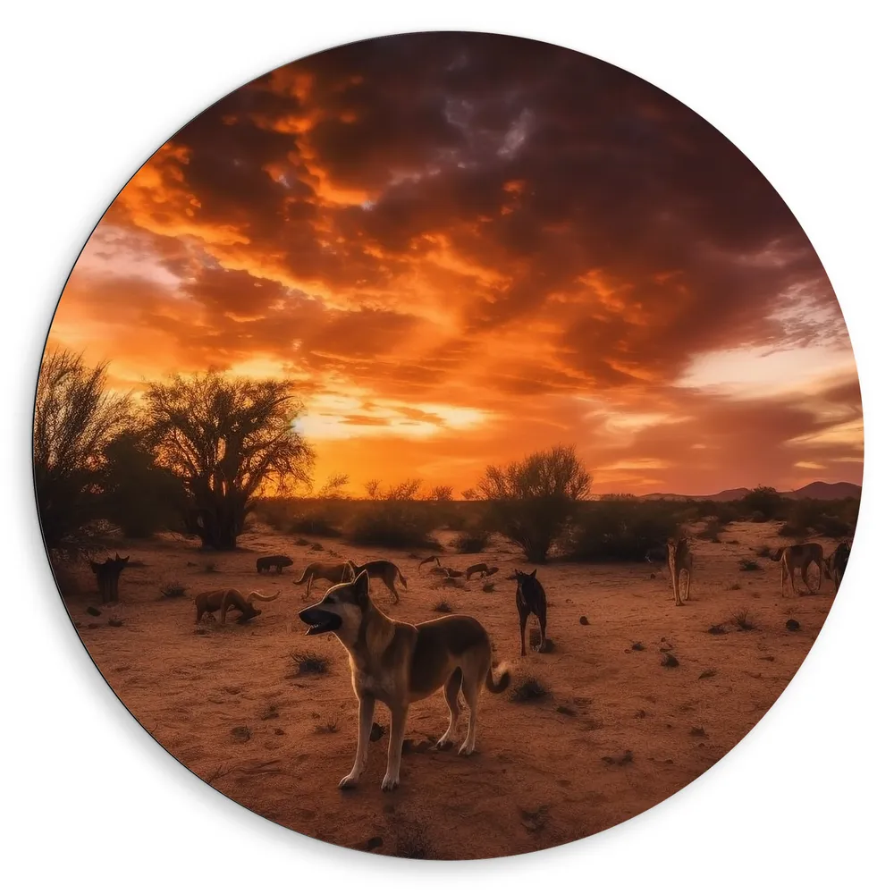 Dibond Muurcirkel - Dieren - Honden - Landschap - Zonsondergang - Planten
