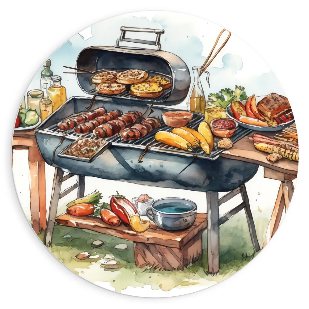 Dibond Muurcirkel - Tekening met Barbecue met Eten