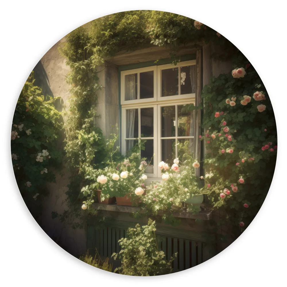 Dibond Muurcirkel - Raam - Bloemen - Planten - Tuin