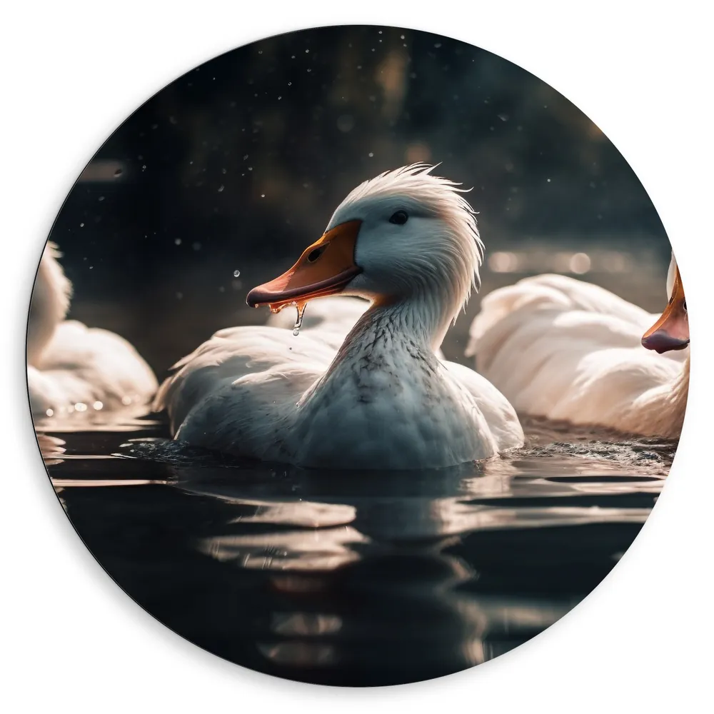 Dibond Muurcirkel - Eenden - Water - Wit