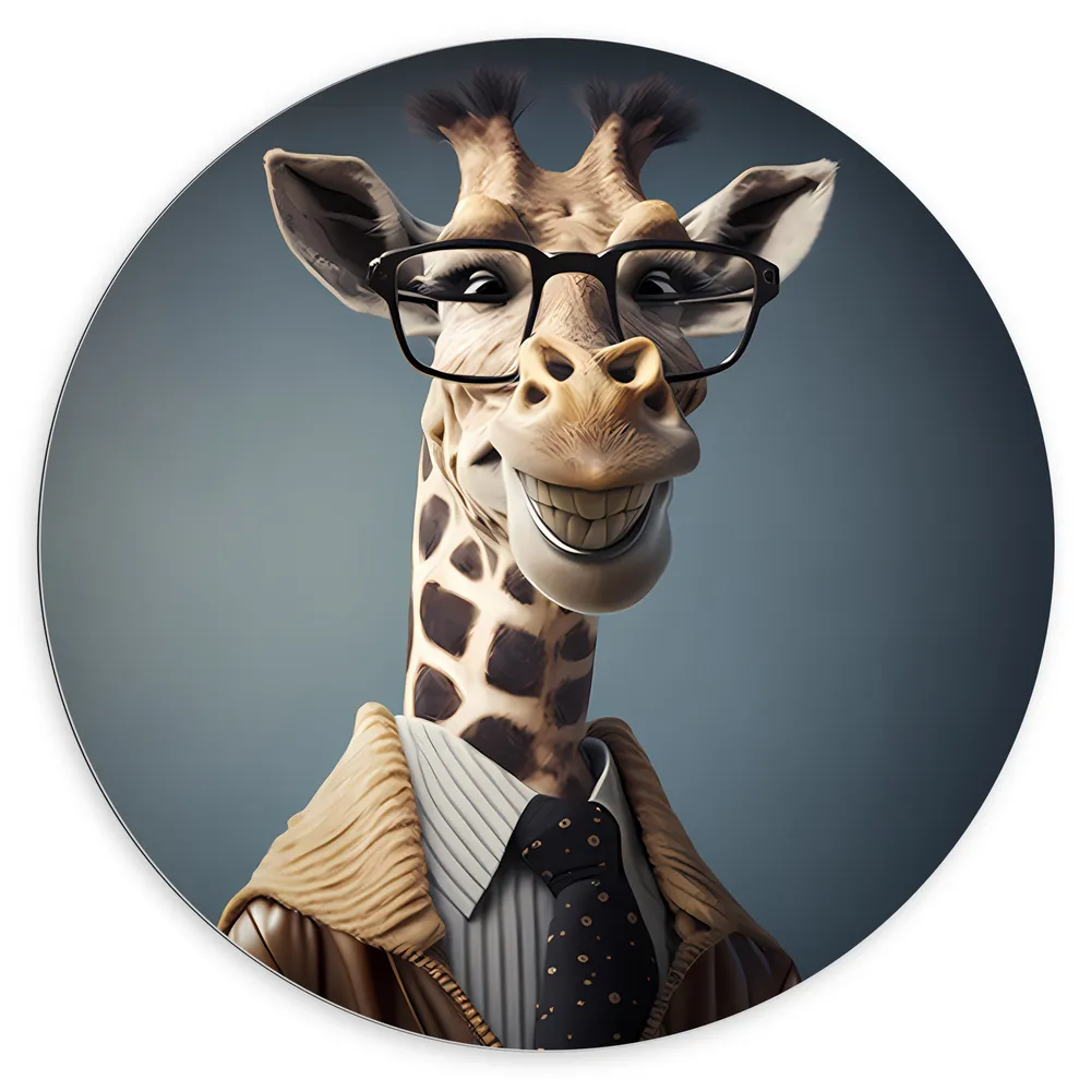 Dibond Muurcirkel - Lachende Giraffe met Bril in Nette Blouse