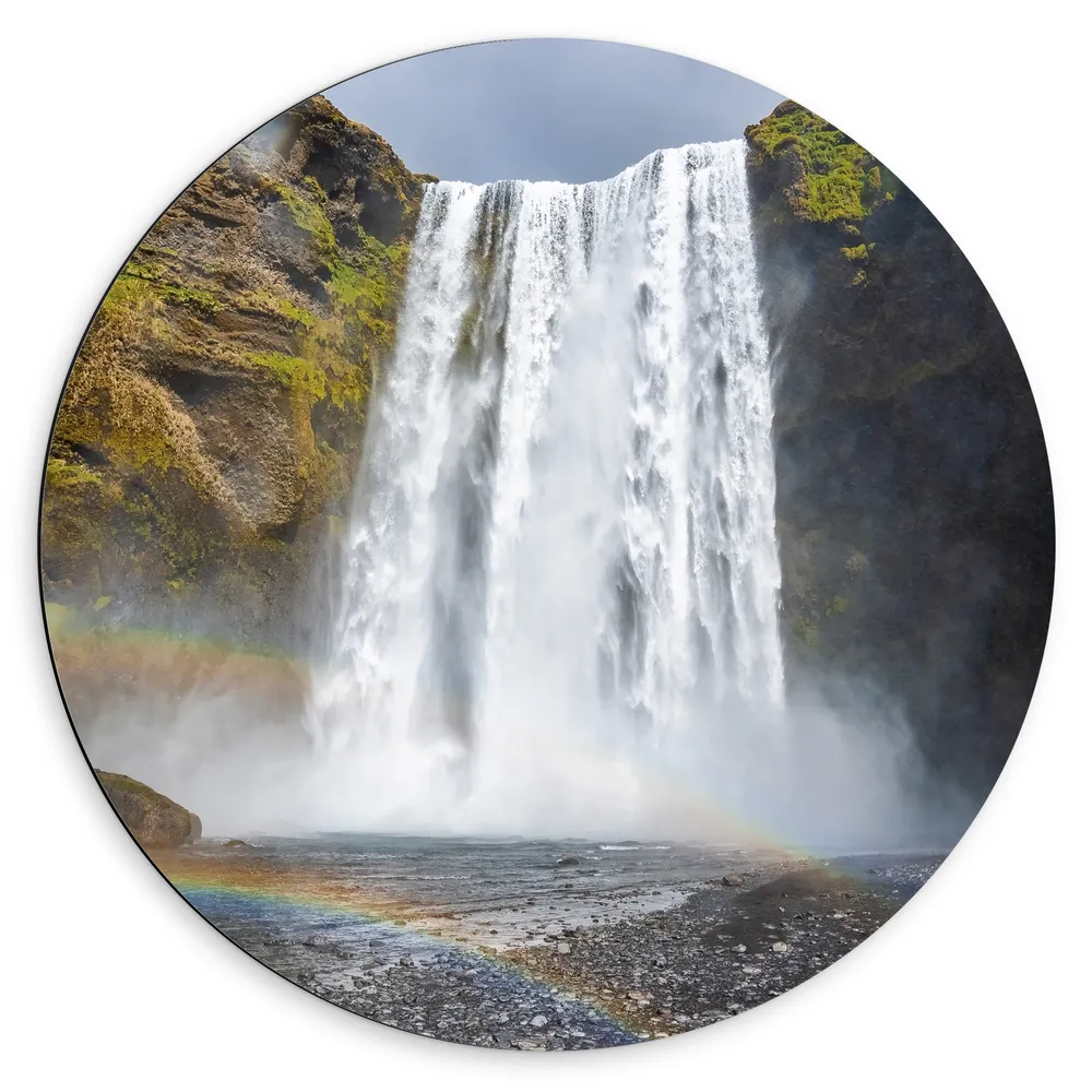 Dibond Muurcirkel - Dubbele Regenboog onder aan Waterval bij Cliff