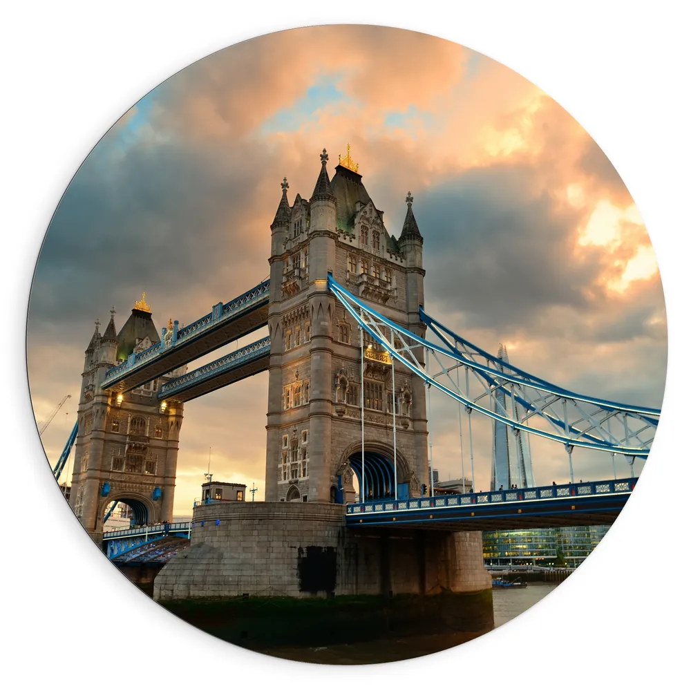 Dibond Muurcirkel - Wolken boven Towerbridge in Londen