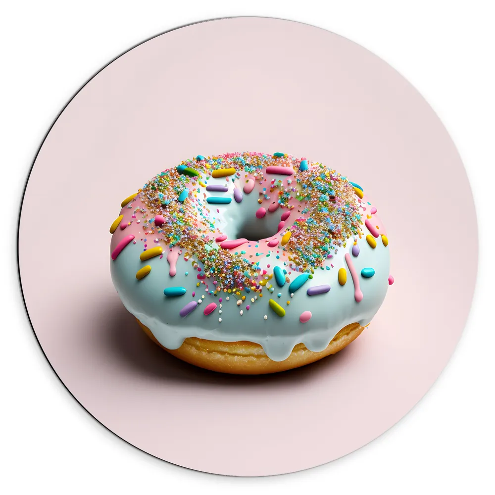 Dibond Muurcirkel - Donut met Blauwe Glazuur met Sprinkles tegen Lichroze Achtergrond