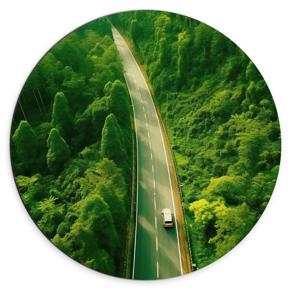 Dibond Muurcirkel - Bomen - Bossen - Weg - Auto - Voertuig