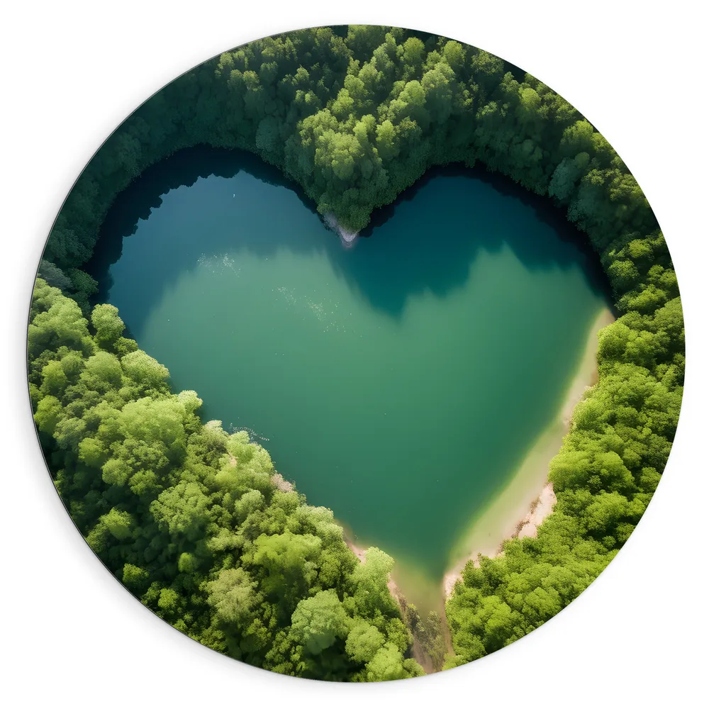 Dibond Muurcirkel - Bos - Bomen - Water - Hartje