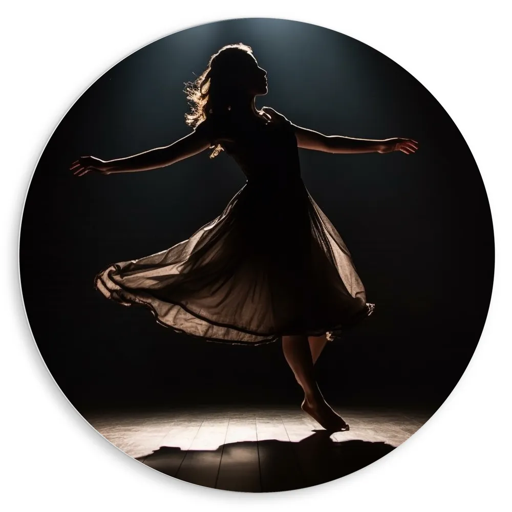 Dibond Muurcirkel - Silhouet van Dansende Ballerina op het Podium