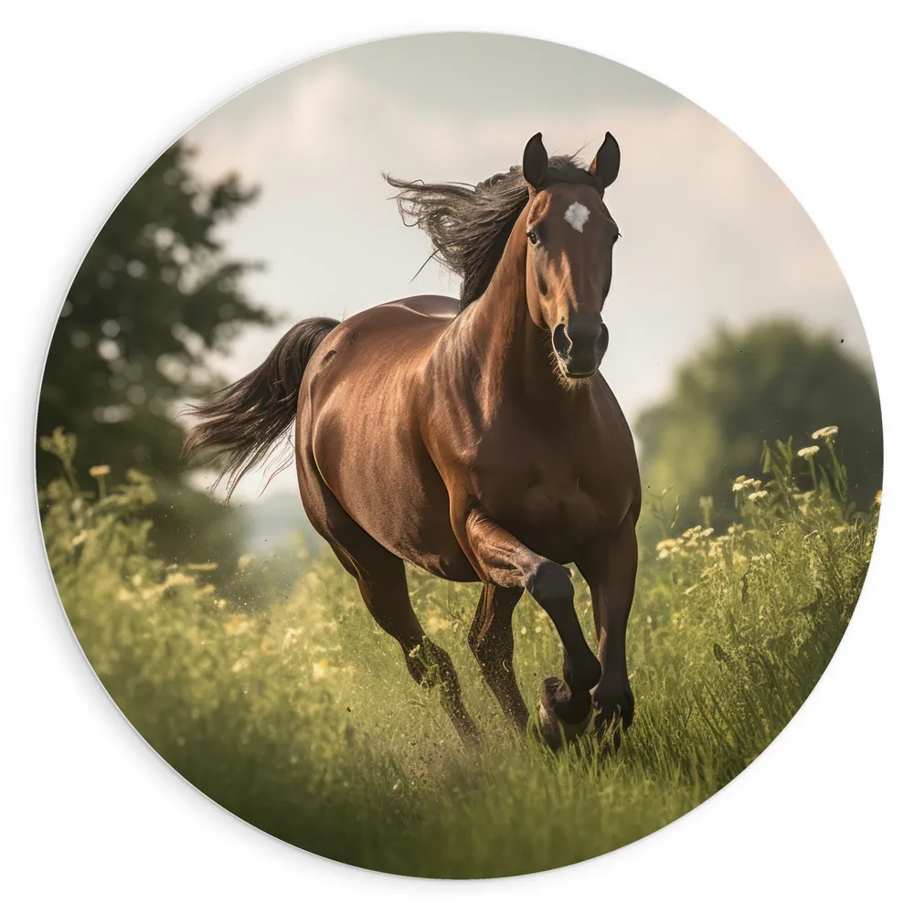 Dibond Muurcirkel - Galopperend Paard met Witte Bles Galopperend door de Wei