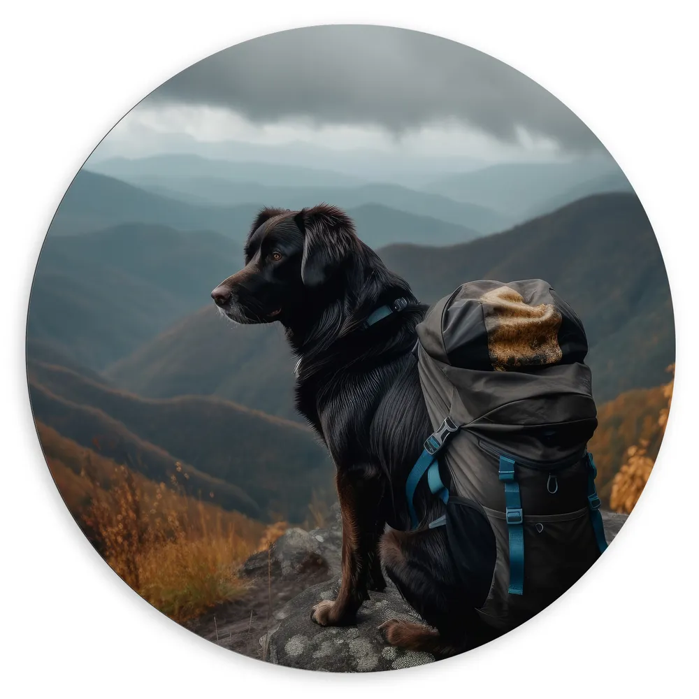 Dibond Muurcirkel - Reizende Hond met Backpack op Top van de Berg
