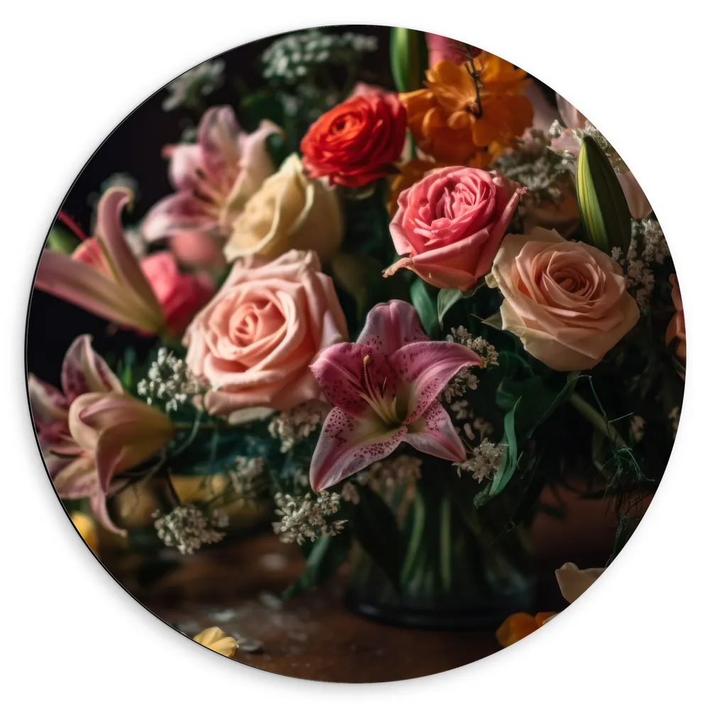 Dibond Muurcirkel - Bloemen - Boeket - Kleuren - Vaas