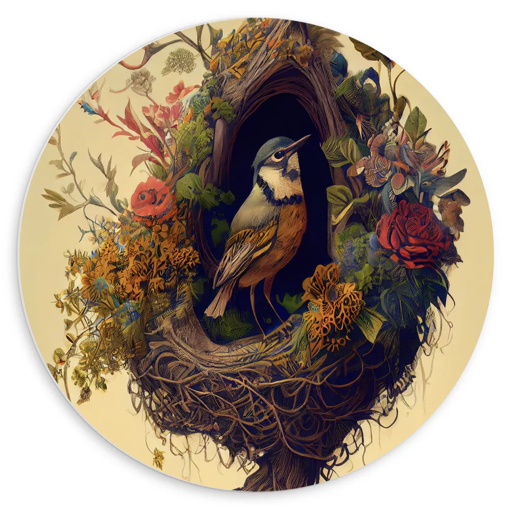Dibond Muurcirkel - Koolmees Vogel in het Nest Versierd met Bloemen