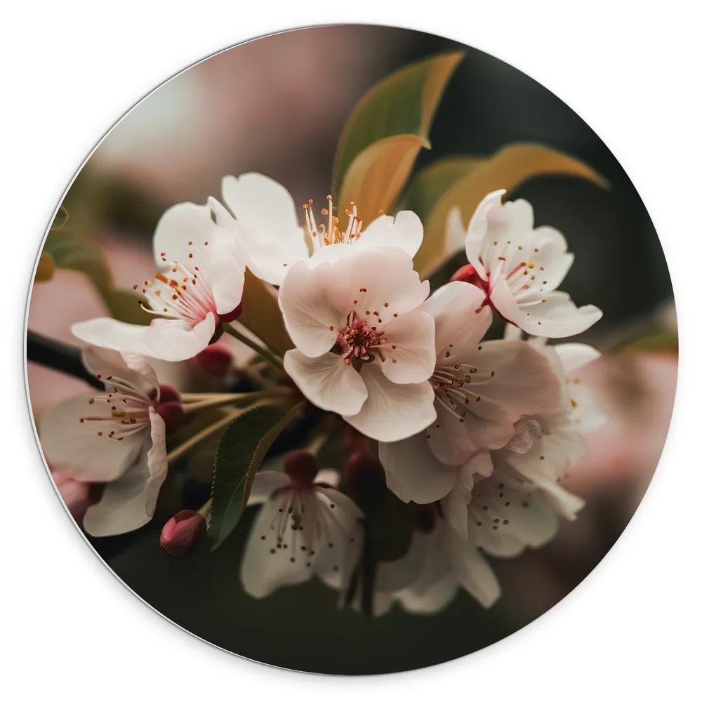 Dibond Muurcirkel - Bloemen - Tak - Wit - Knoppen