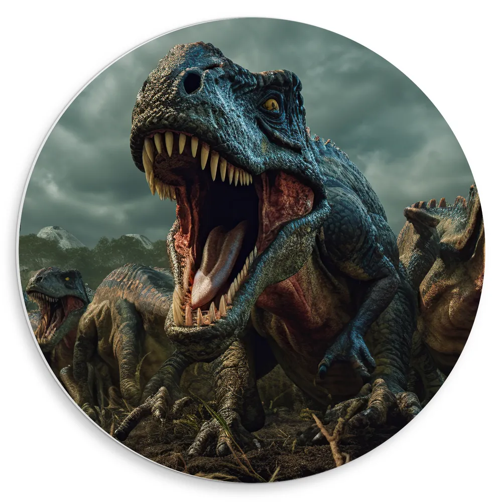 Dibond Muurcirkel - Dinosaurussen - Gevaarlijk - Tanden - Groep
