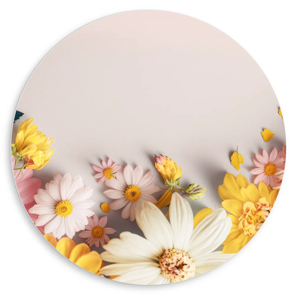 Dibond Muurcirkel - Roze, Gele en Witte Bloemen op Beige Achtergrond