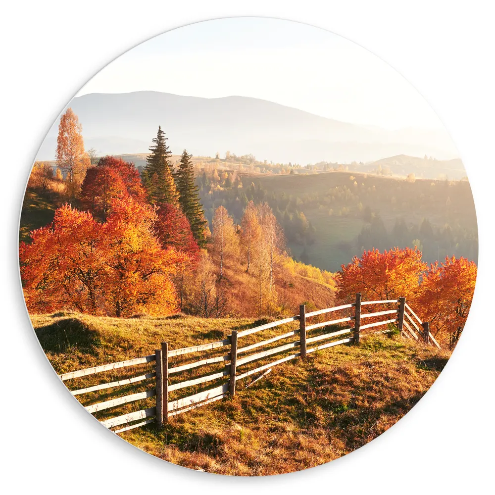 Dibond Muurcirkel - Hek langs Herfstbomen in Berglandschap