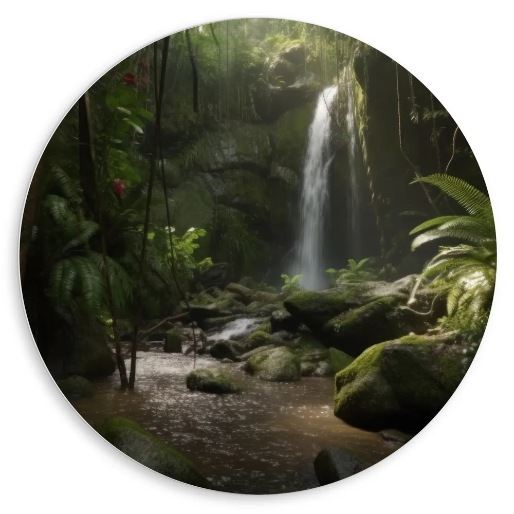 Dibond Muurcirkel - Kleine Waterval tussen de Bladeren in het Bos