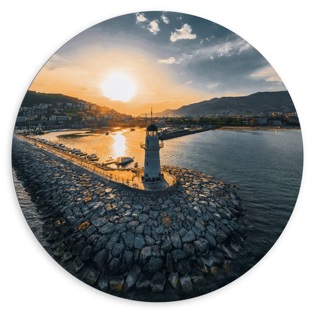 Dibond Muurcirkel - Zonsondergang bij Vuurtoren aan Zee van Antalya, Turkije