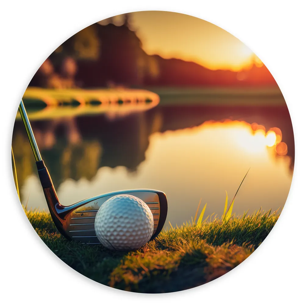 Dibond Muurcirkel - Golf - Golfbal - Golfclub - Zonsondergang - Gras - Water