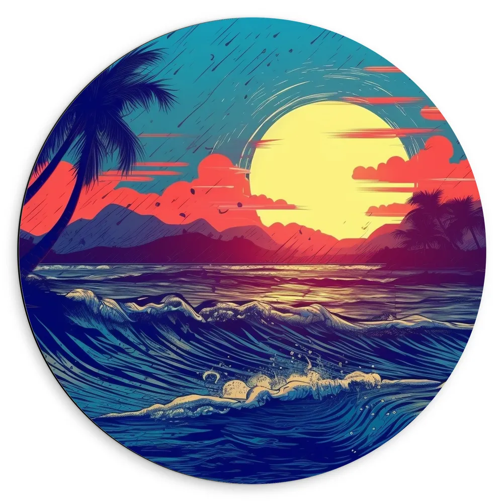 Dibond Muurcirkel - Schilderij - Zee - Golven - Zon - Bomen - Palmbomen - Regen