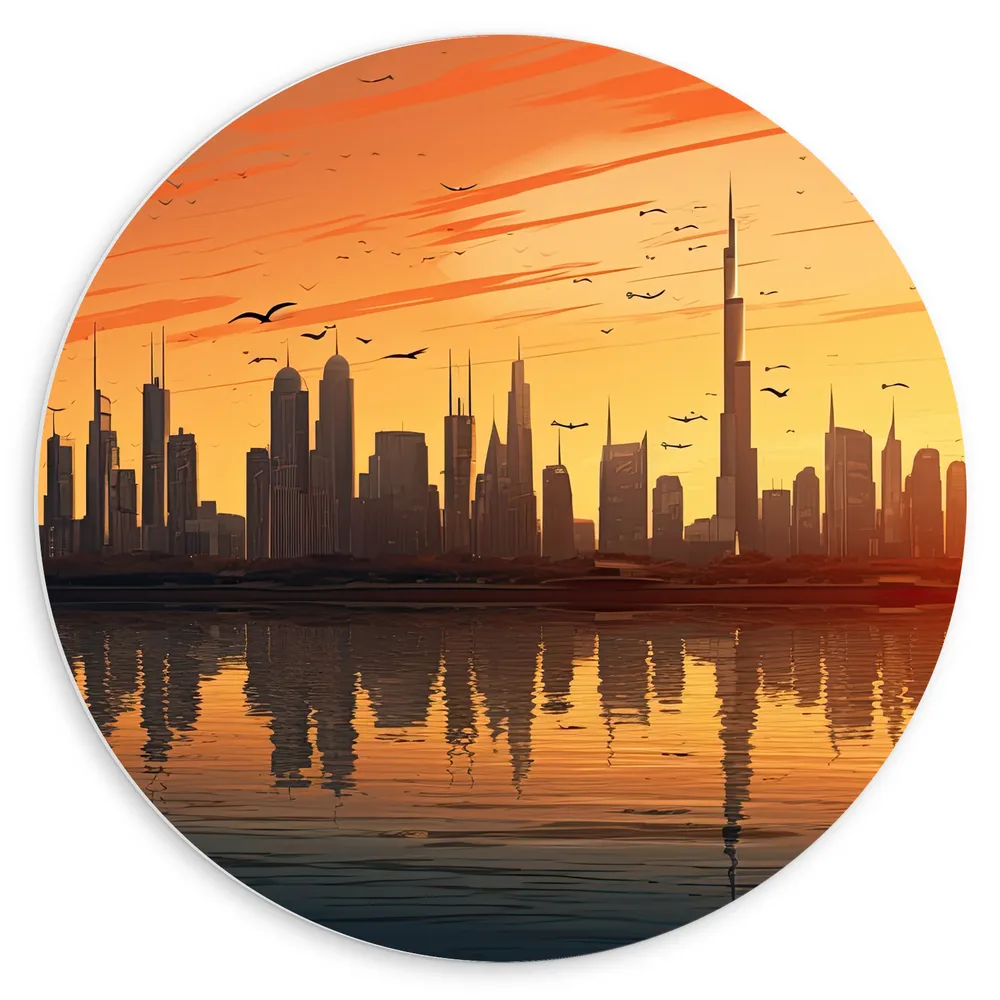 Dibond Muurcirkel - Stad - Gebouwen - Vogels - Zonsondergang