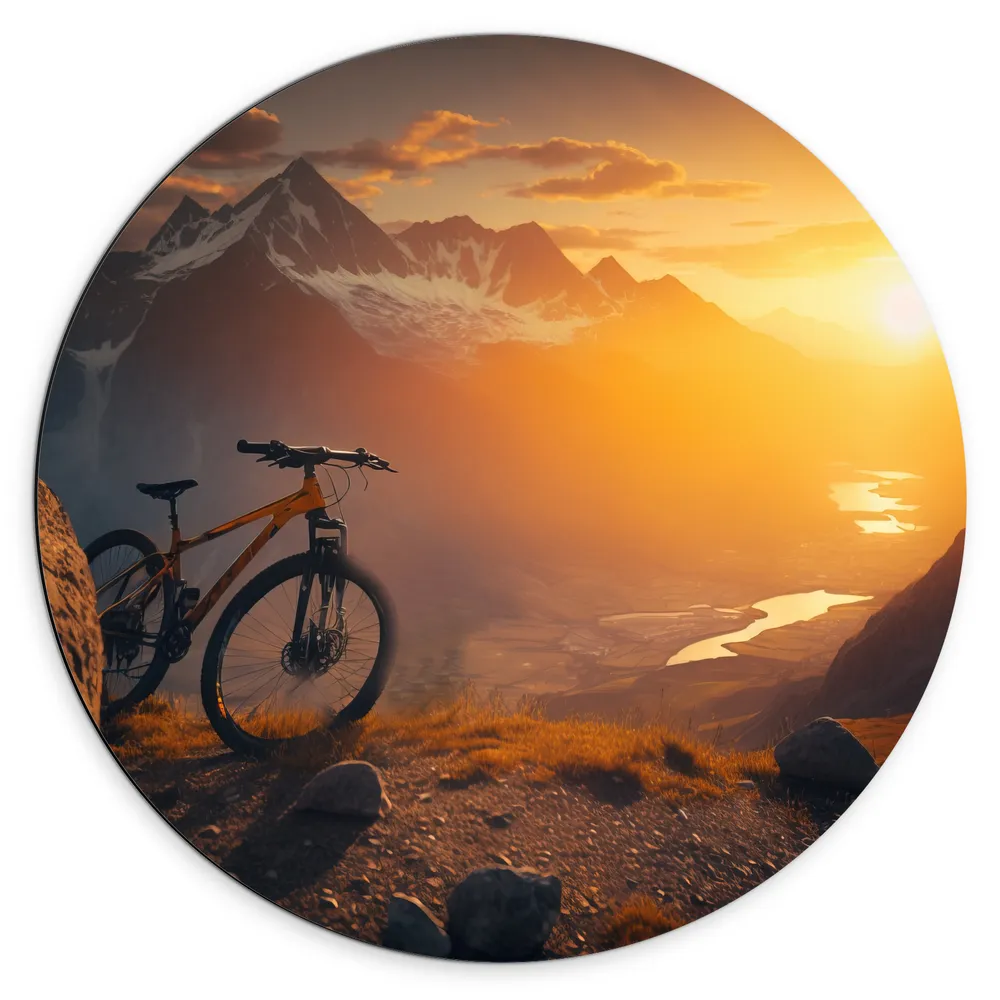 Dibond Muurcirkel - Mountainbike Geparkeerd op Bergtop bij Zonsondergang