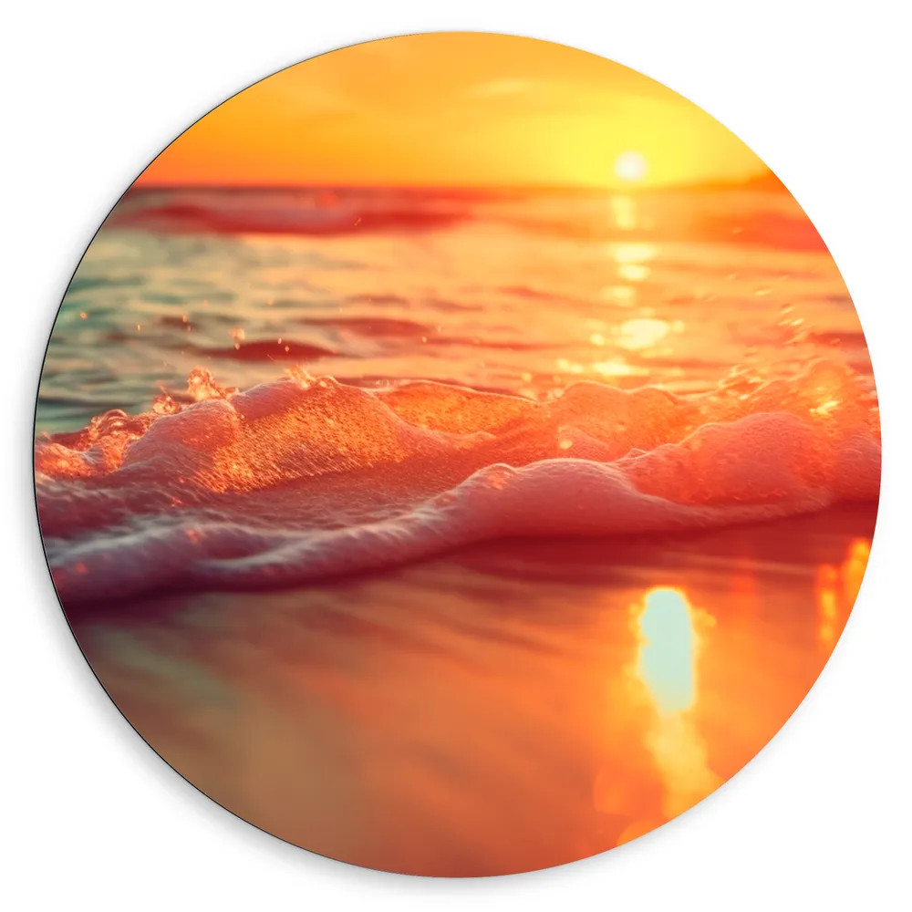 Dibond Muurcirkel - Zee - Water - Schuim - Zand - Zon - Zonsondergang - Kleuren