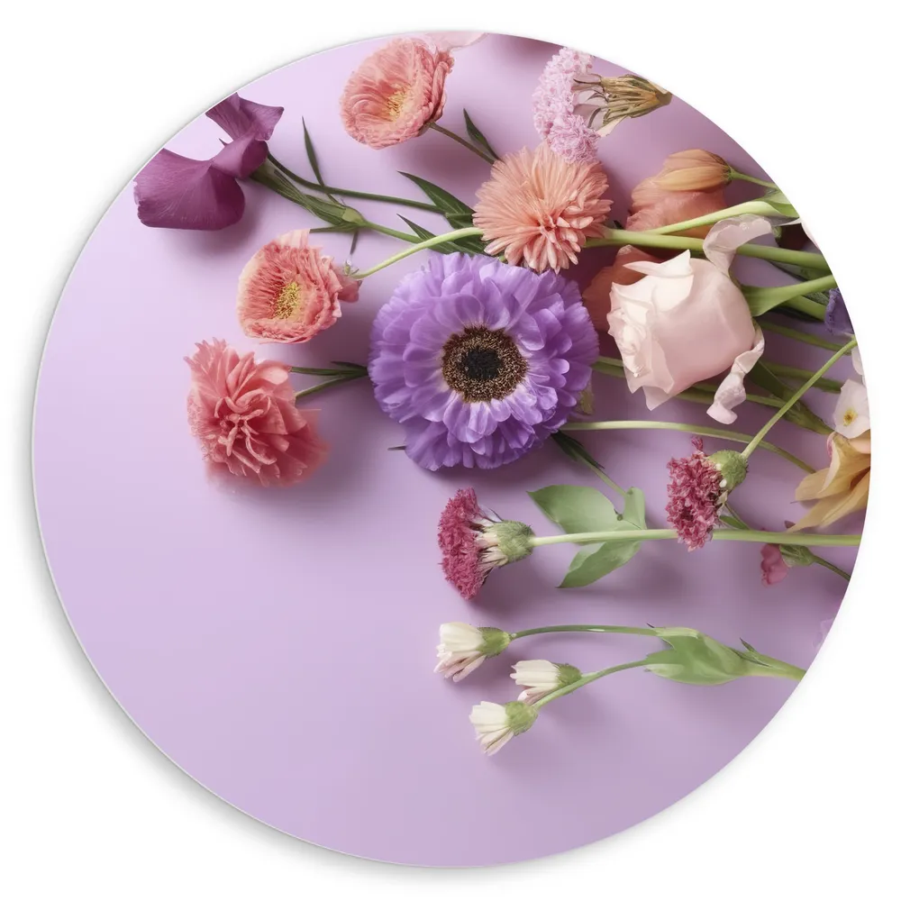 Dibond Muurcirkel - Diverse Bloemen op Paarse Achtergrond