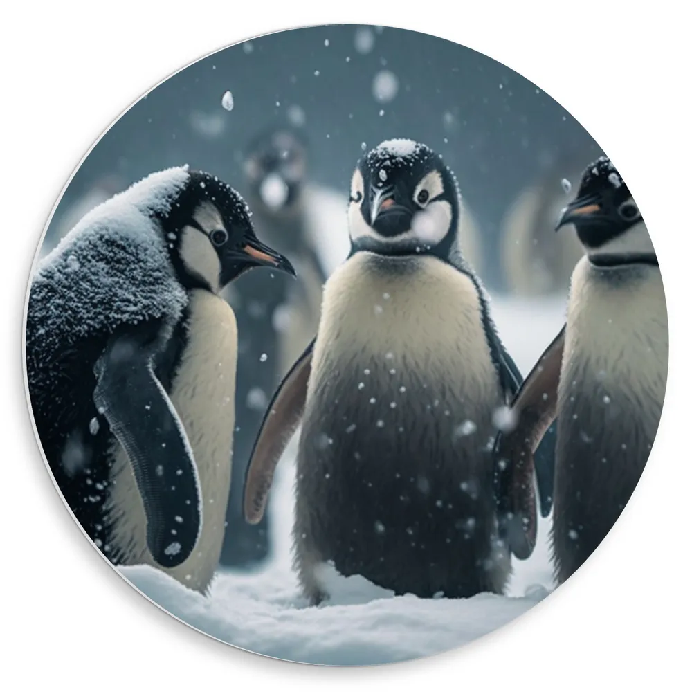 Dibond Muurcirkel - Kleine pinguïns staan bij elkaar in de sneeuw