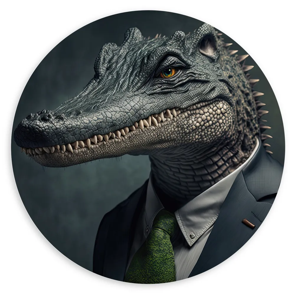 Dibond Muurcirkel - Portret van Alligator in Zakelijk Pak met Groene Stropdas