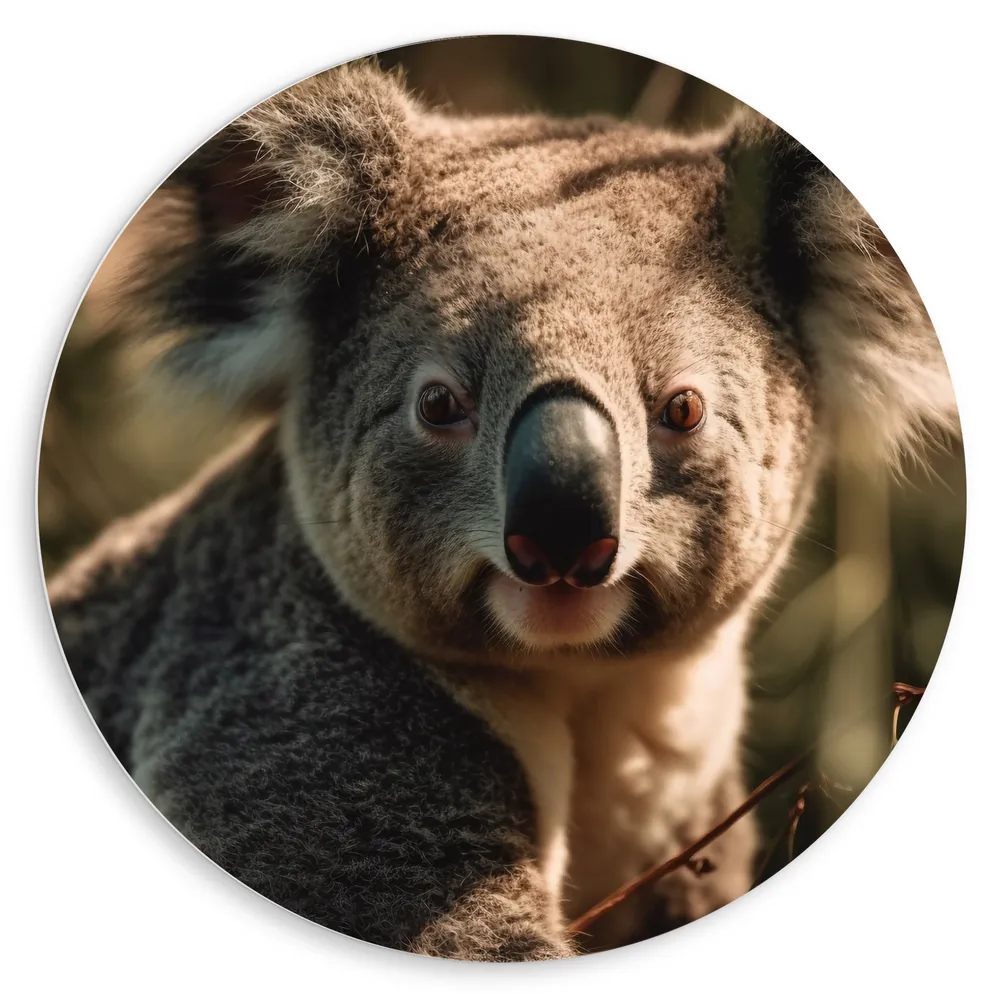 Dibond Muurcirkel - Aankijkende Koala in het Bos