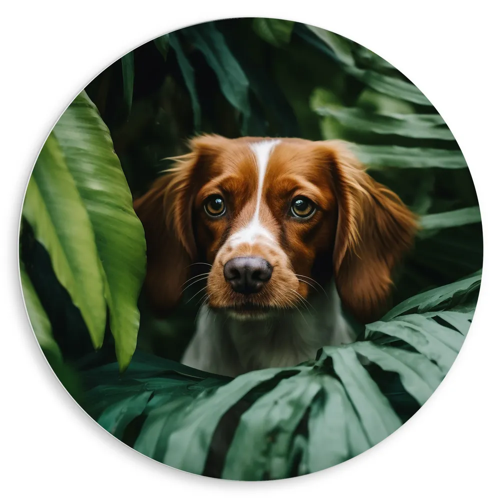 Dibond Muurcirkel - Bruin met Witte Hond tussen de Groene Bladeren