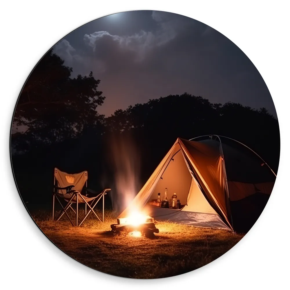 Dibond Muurcirkel - Kamperen - Tent - Stoel - Bos - Vuur - Hout - Gras