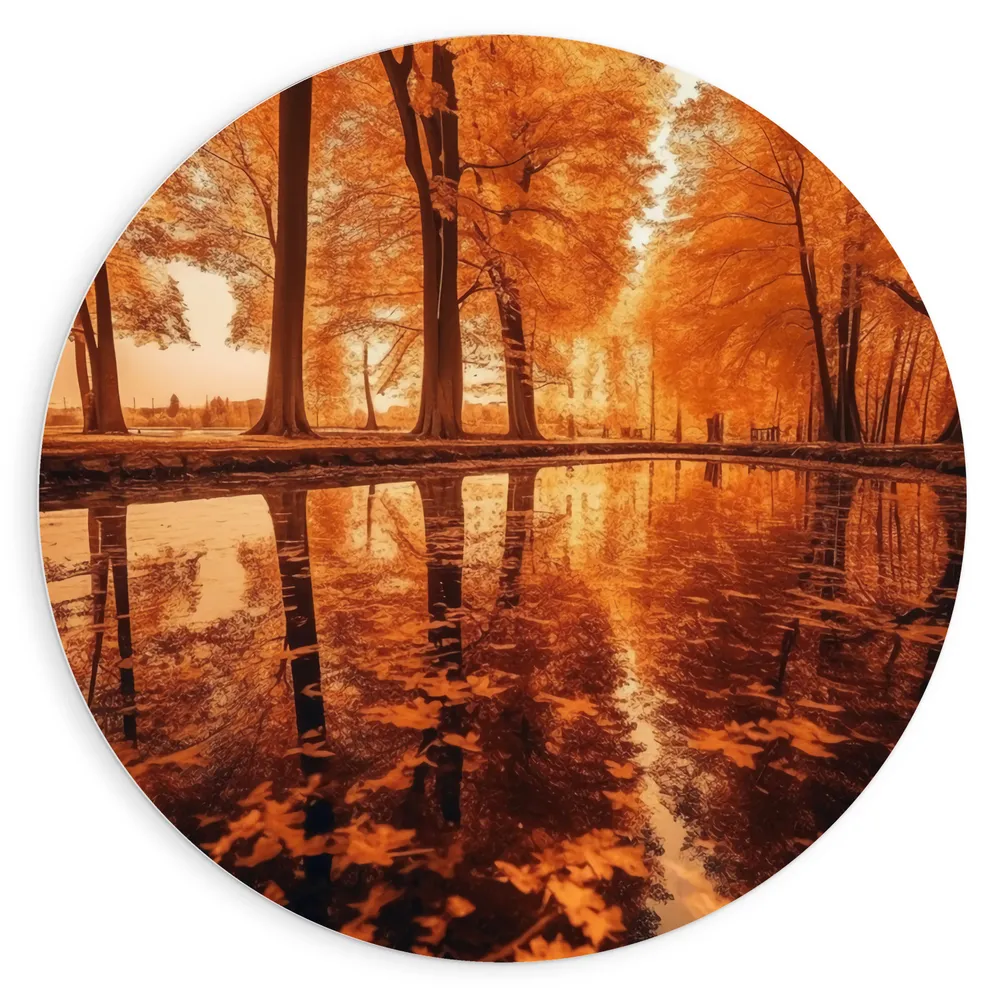 Dibond Muurcirkel - Rijen Feloranje Bomen aan het Water
