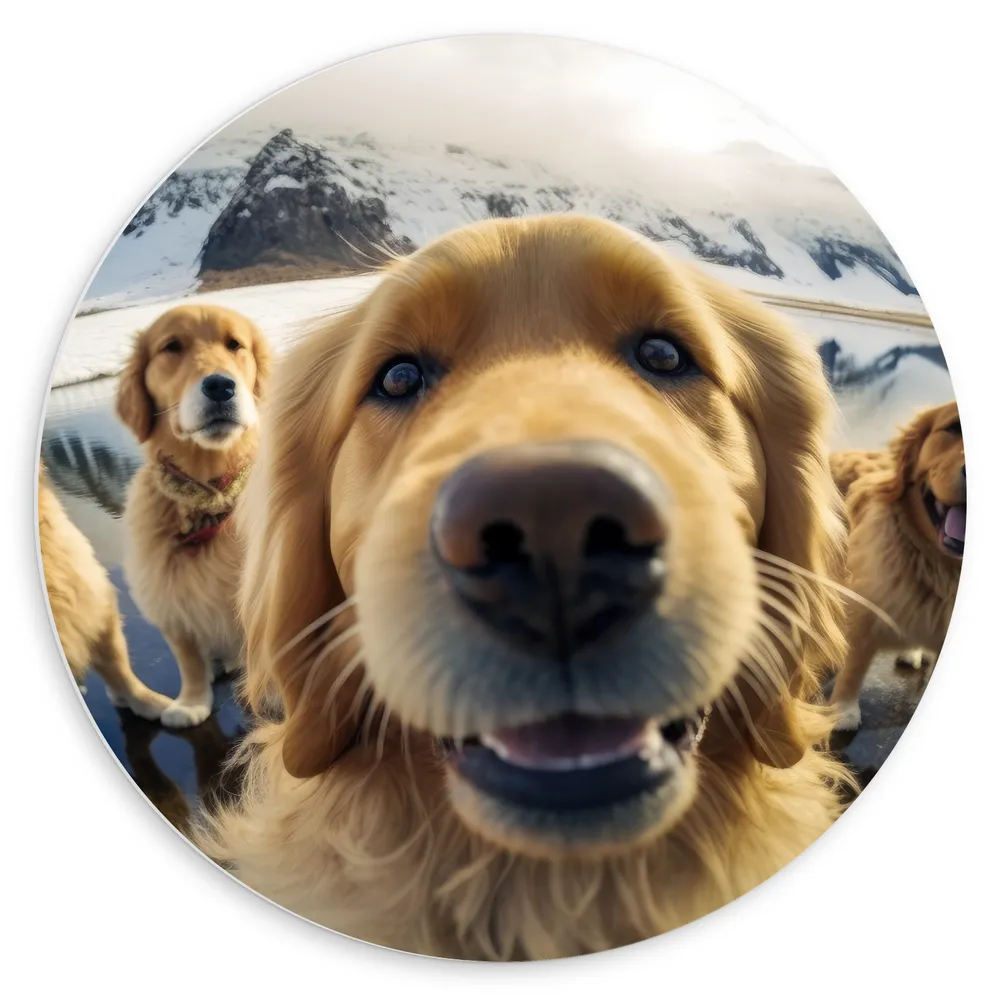 Dibond Muurcirkel - Selfie van Groep Golden Retriever Honden in IJslandschap
